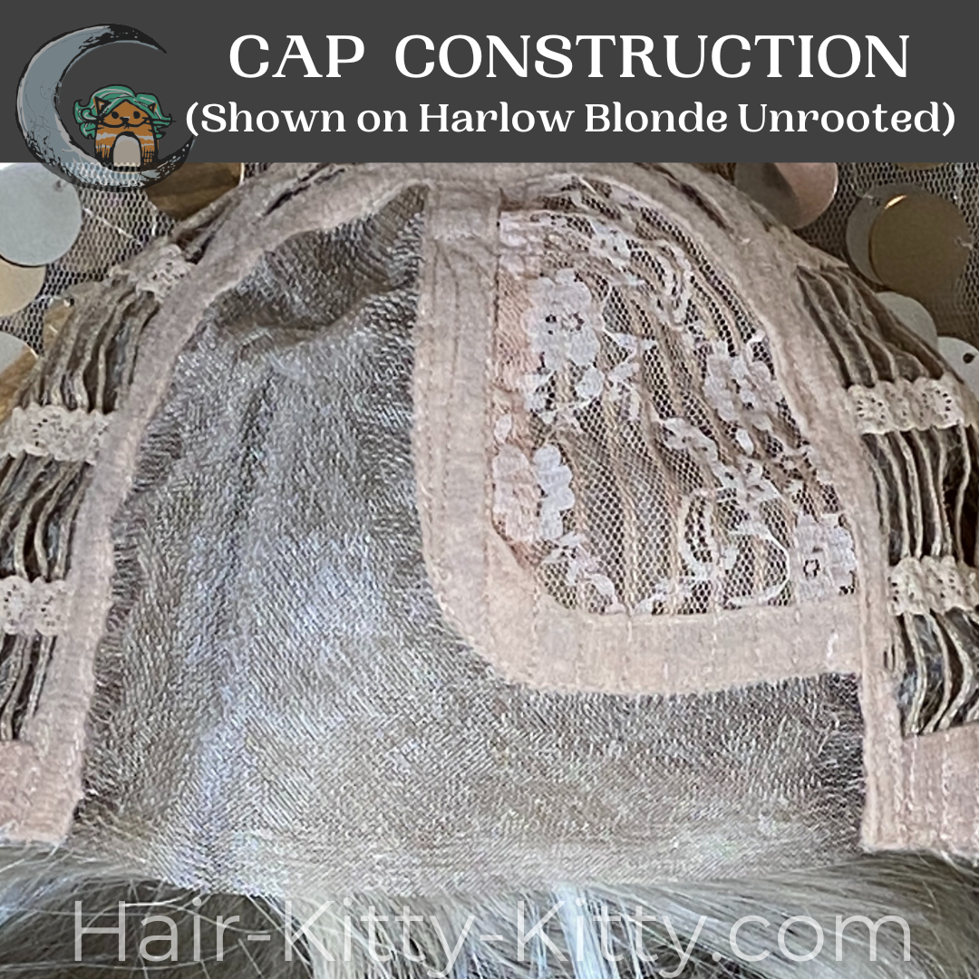 Nadine Mono's cap construction, demonstrating monofilament lace front and left-side part, shown on Harlow Blonde Unrooted (not yet available)