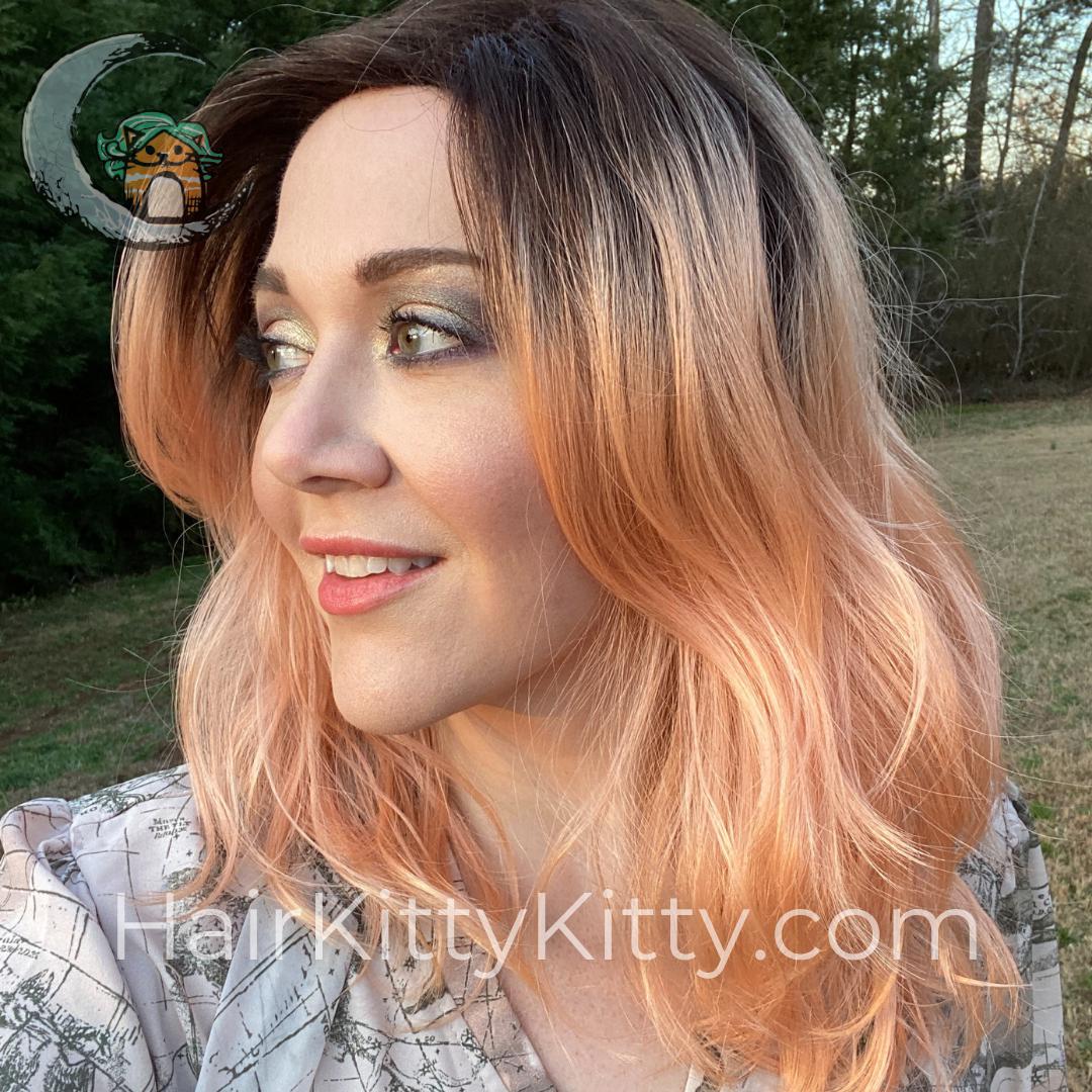 Bardot Wig - Peach Bellini Rooted-Machine Made Wefted Wig-CysterWigs Limited-Peach Bellini Rooted-Bardot | Peach Bellini Rooted | CysterWigs Limited HF Full Wig-2019, 2A, All, Bardot, Beachy, cool, Crown Filler, CWL, Fashion, Favorites, Fringe: 12", Glam, Has Permatease, Heart + Inverted Triangle, Heat-Friendly Synthetic, intense, Nape 10 - 12", Oblong + Rectangle, Oval + Diamond, Overall Length: 18", Peach Bellini Rooted, Popular, Round, Shattered, Square, Standard Wig, Triangle + Pear, Wavy, W