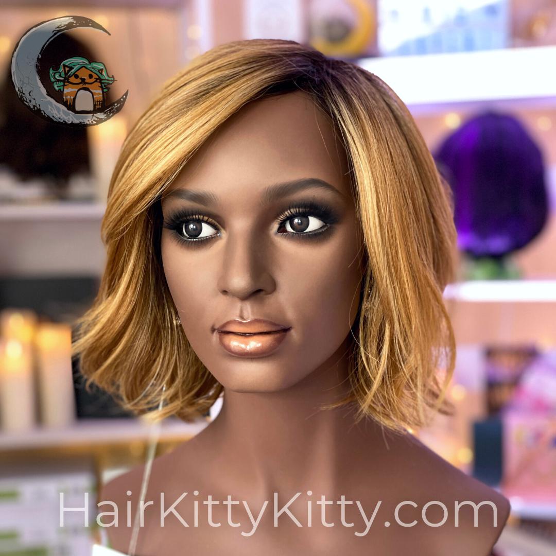 Poppy Wig - Caramel Macchiato Rooted-Machine Made Wefted Wig-CysterWigs Limited-Caramel Macchiato Rooted-Poppy | Caramel Macchiato Rooted | CysterWigs Limited HF Full Wig-2021, 2A, Average, Bob, Caramel Macchiato Rooted, Crown Filler, Curls, CWL, Fashion, Fringe: 8.5", Has Permatease, Heart + Inverted Triangle, Heat-Friendly Synthetic, Medical, Nape 3 - 4", Natural, Natural Density, Oval + Diamond, Overall Length: 12", Poppy, Popular, Round, Square, Standard, Warm, Wavy, Weight: 4 oz, Wig, Wigs,