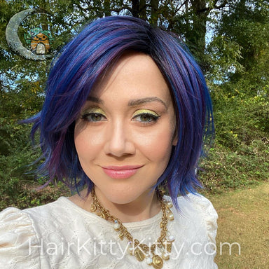 Poppy Wig - Indigo Swirl Rooted-Machine Made Wefted Wig-CysterWigs Limited-Indigo Swirl Rooted-Poppy | Indigo Swirl | CysterWigs Limited HF Full Wig-2021, 2A, Average, Bob, Cool, Crown Filler, CWL, Fashion, Fringe: 8.5", Has Permatease, Heart + Inverted Triangle, Heat-Friendly Synthetic, Indigo Swirl Rooted, Medical, Nape 3 - 4", Natural Curls, Natural Density, Oval + Diamond, Overall Length: 12", Poppy, Popular, Round, Square, Standard Wig, Wavy, Weight: 4 oz, Wigs, zodiac-aquarius, zodiac-canc