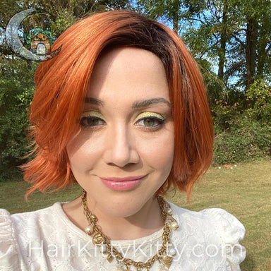 Poppy Wig - Molten Copper Rooted-Machine Made Wefted Wig-CysterWigs Limited-Molten Copper Rooted-Poppy | Molten Copper Rooted | CysterWigs Limited HF Full Wig-2021, 2A, Average, Bob, Crown Filler, CWL, Fashion, Fringe: 8.5", Has Permatease, Heart + Inverted Triangle, Heat-Friendly Synthetic, Medical, Molten Copper Rooted, Nape 3 - 4", Natural Curls, Natural Density, Oval + Diamond, Overall Length: 12", Poppy, Popular, Round, Square, Standard Wig, Warm, Wavy, Weight: 4 oz, Wigs, zodiac-aries, zod